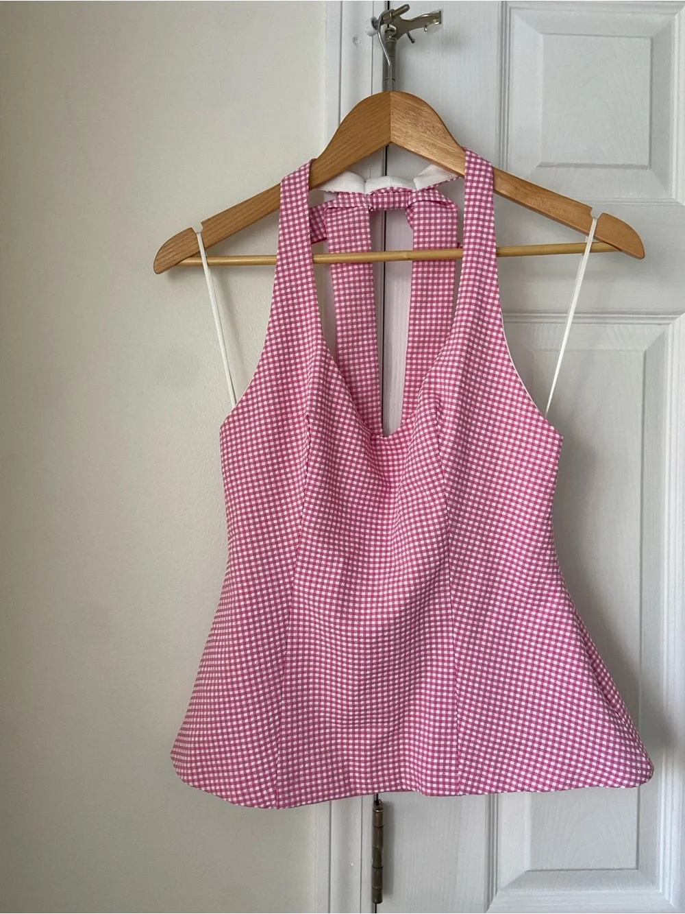 Zara Pink Gingham Halter Bow Knit Top Sz m - Picture 3 of 6